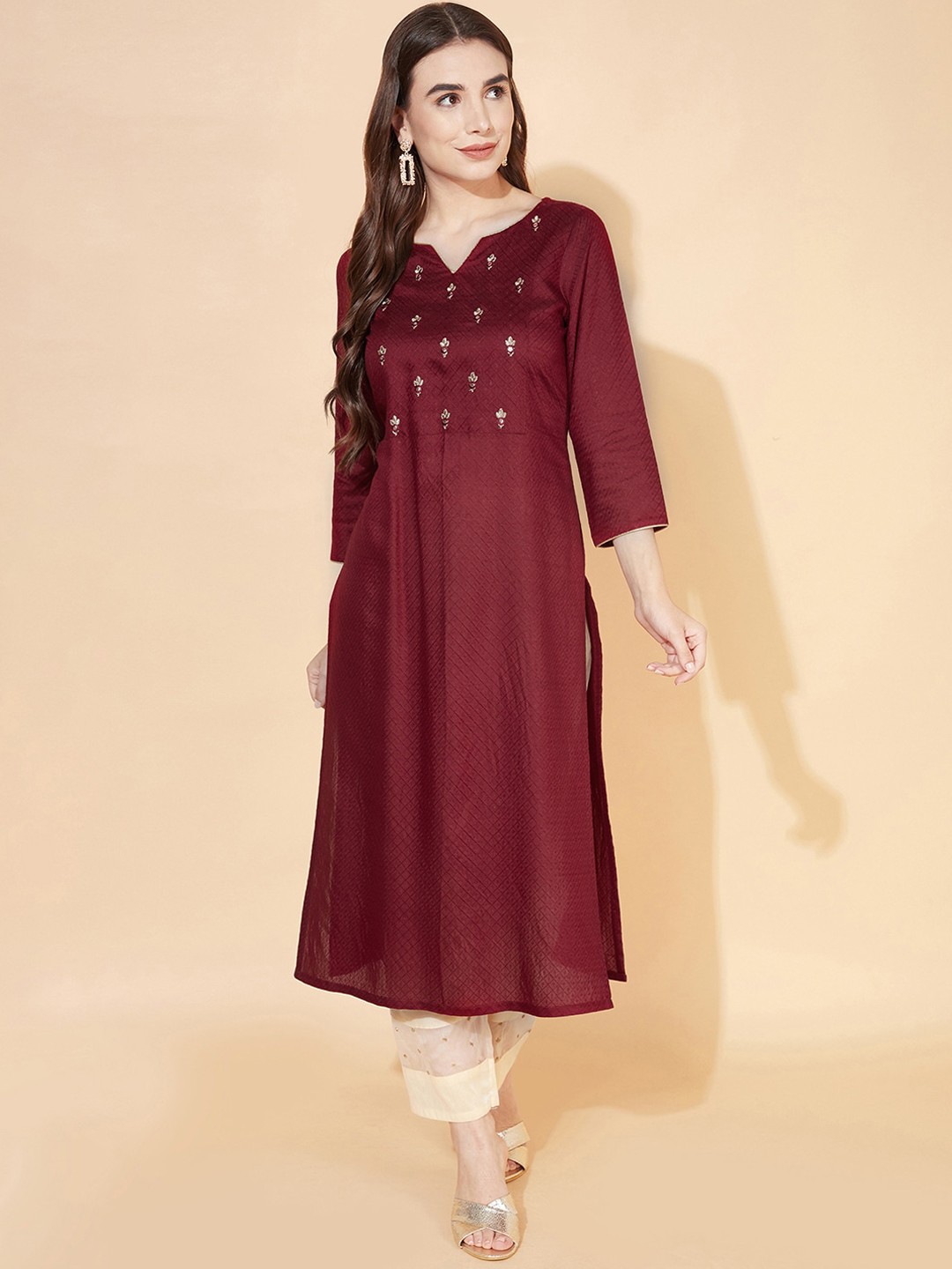 

KALINI Ethnic Motifs Embroidered Mirror Work A-Line Kurta, Maroon