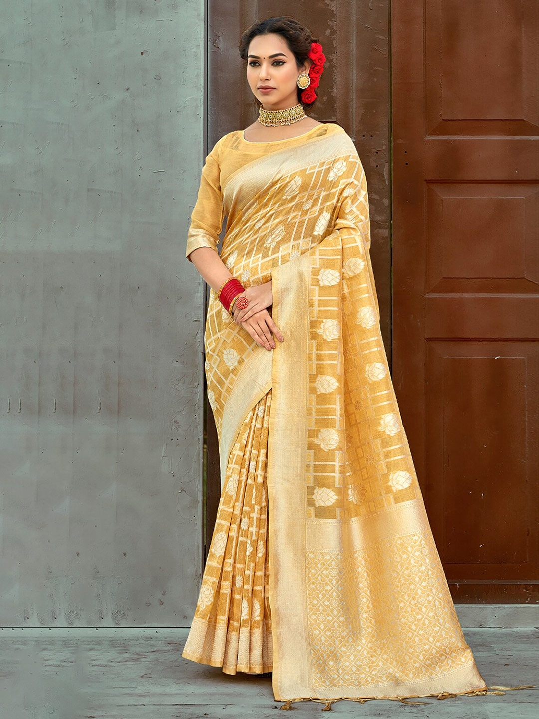 

SANGAM PRINTS Ethnic Motifs Woven Design Zari Organza Saree, Mustard