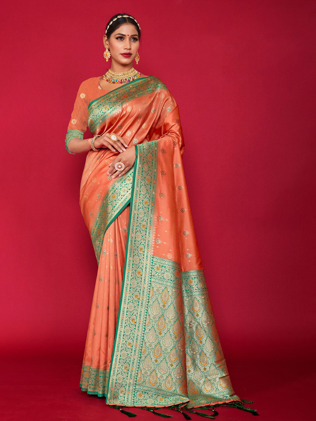 

SANGAM PRINTS Floral Woven Design Zari Saree, Orange