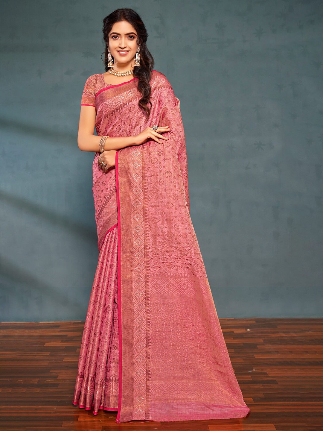 

SANGAM PRINTS Ethnic Motifs Woven Design Zari Pure Silk Banarasi Saree, Pink