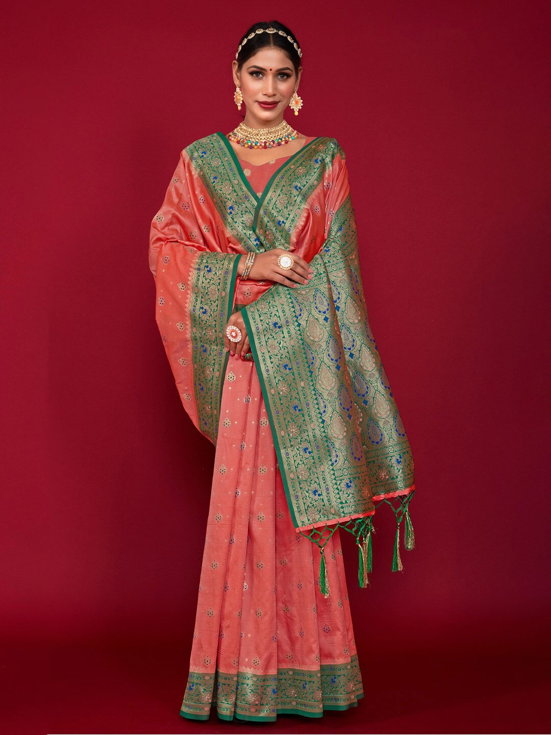 

SANGAM PRINTS Ethnic Motifs Woven Design Zari Saree, Peach
