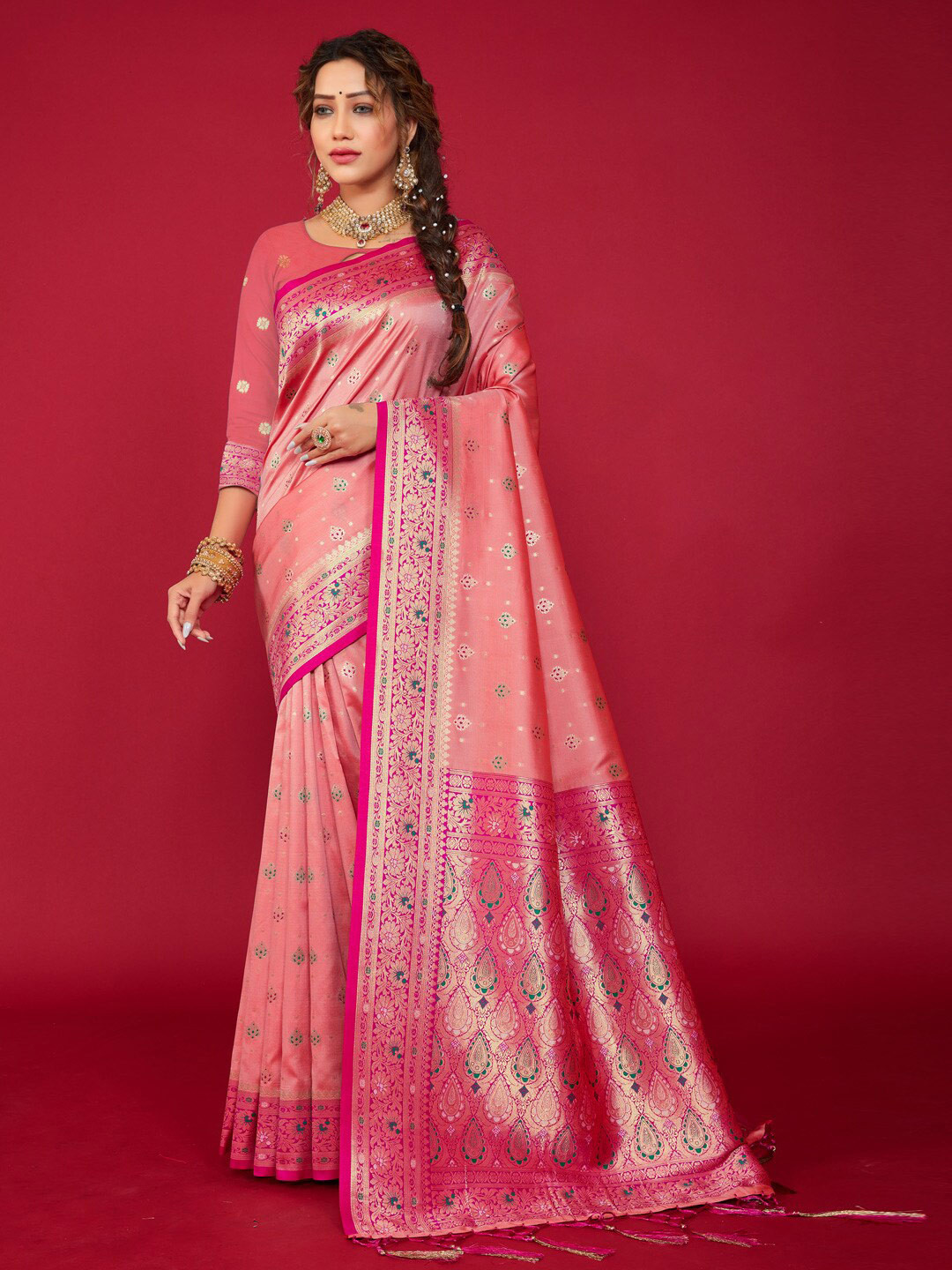 

SANGAM PRINTS Ethnic Motifs Woven Design Zari Silk Blend Saree, Pink