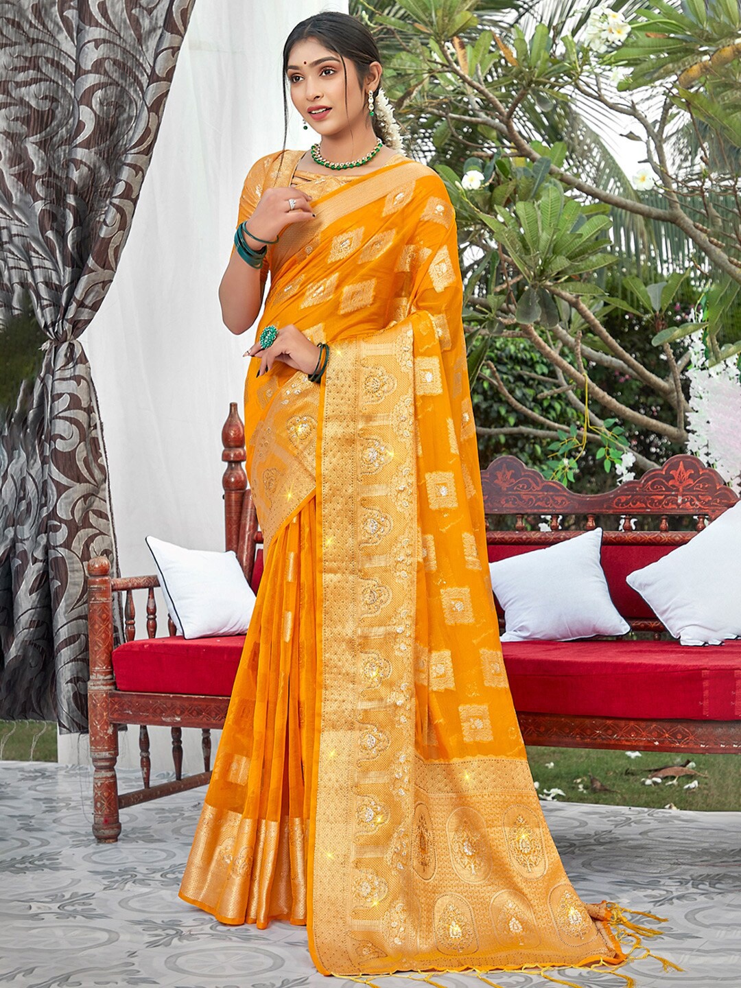 

SANGAM PRINTS Geometric Woven Design Zari Organza Saree, Mustard