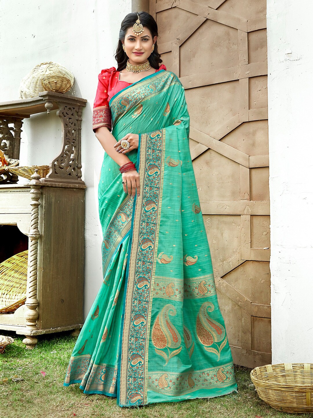 

SANGAM PRINTS Ethnic Motifs Woven Design Zari Silk Blend Saree, Sea green