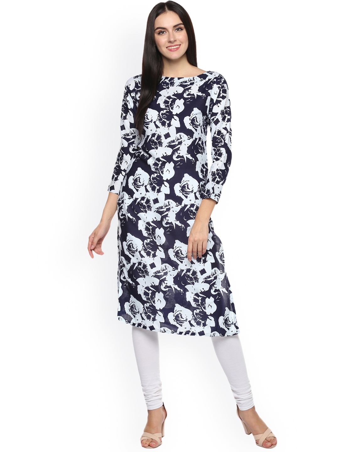 

Ives Women Blue & White Floral Print A-Line Kurta
