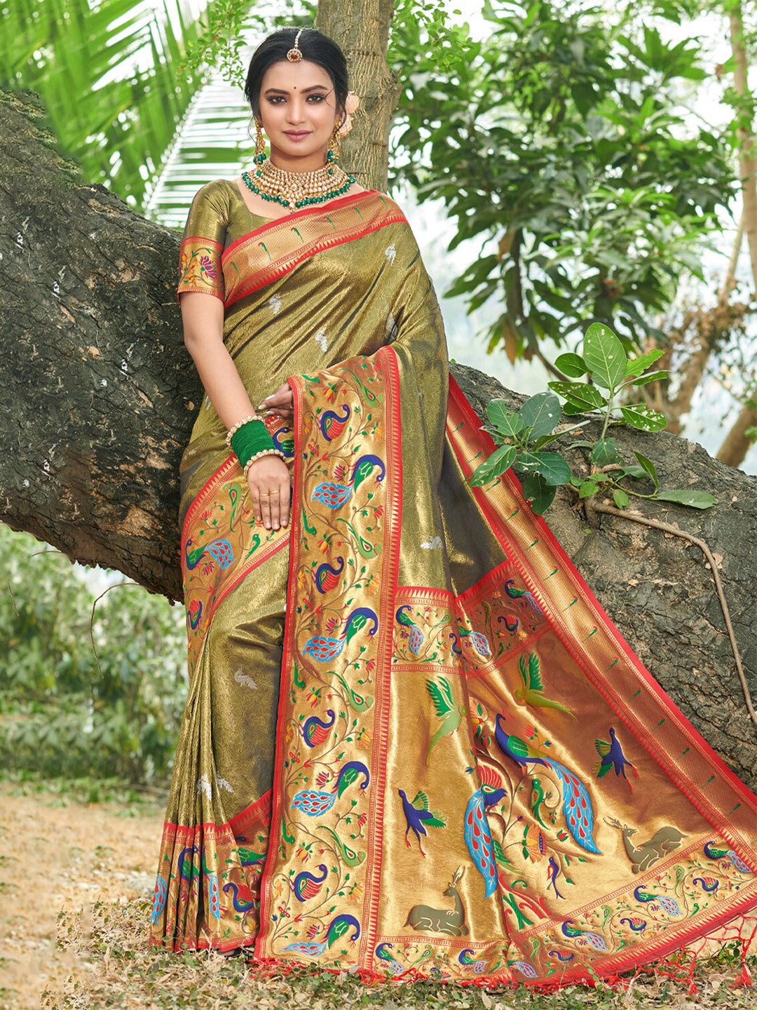 

SANGAM PRINTS Ethnic Motif Woven Design Zari Pure Silk Paithani Saree, Green