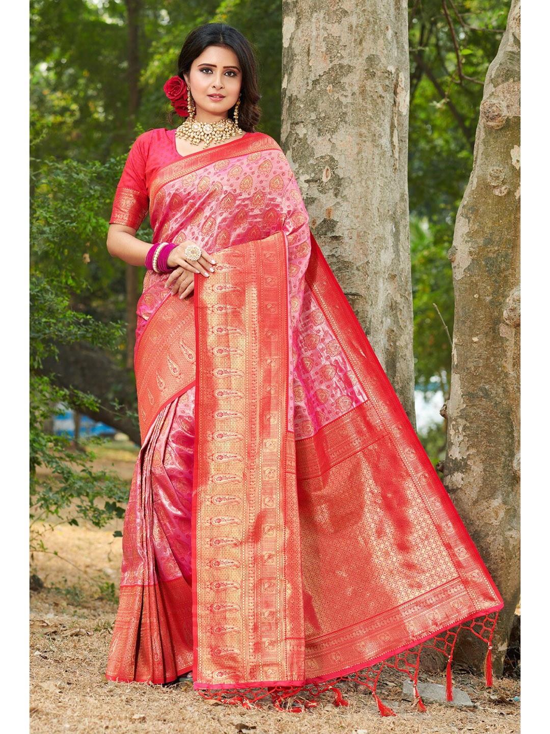

SANGAM PRINTS Woven Design Zari Pure Silk Kanjeevaram Saree, Pink