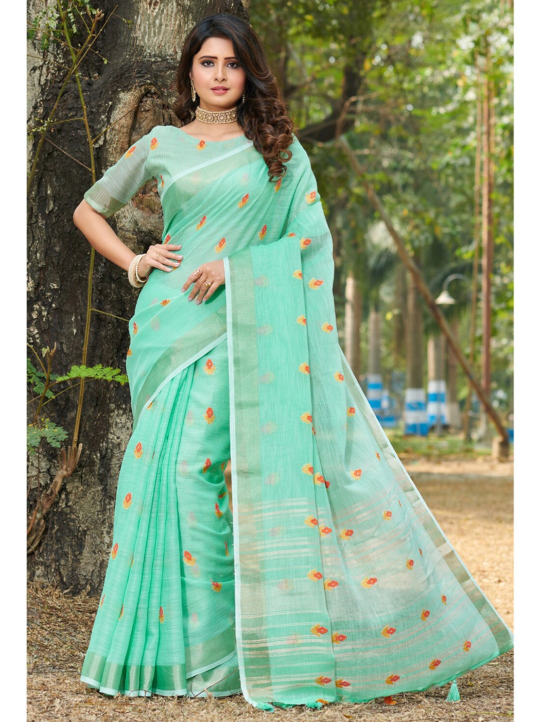 

SANGAM PRINTS Woven Design Zari Linen Blend Saree, Sea green