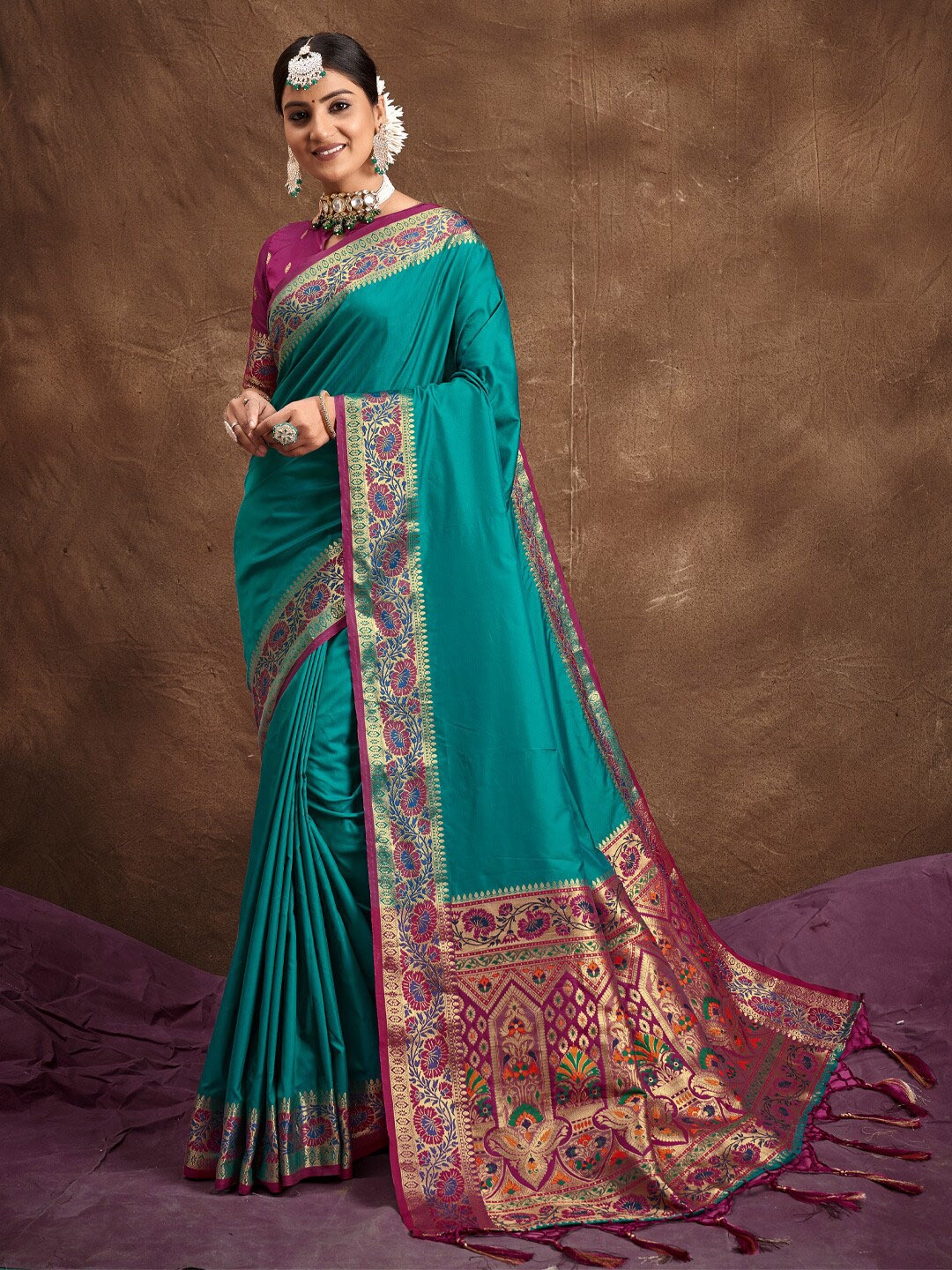 

SANGAM PRINTS Woven Border Zari Pure Silk Banarasi Saree, Blue