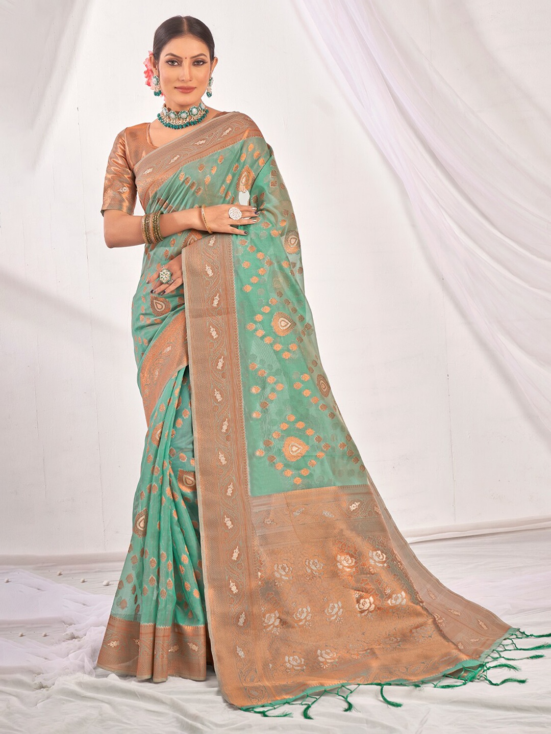 

SANGAM PRINTS Ethnic Motif Woven Design Zari Organza Saree, Sea green