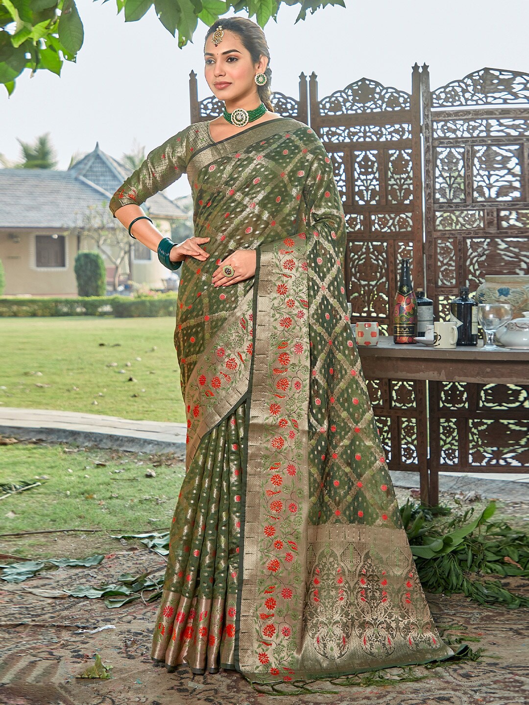 

SANGAM PRINTS Woven Design Zari Organza Saree, Green
