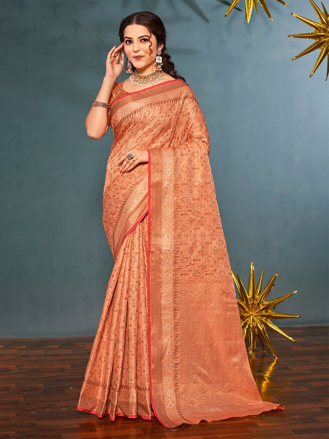 

SANGAM PRINTS Ethnic Motifs Woven Design Zari Pure Silk Banarasi Saree, Peach