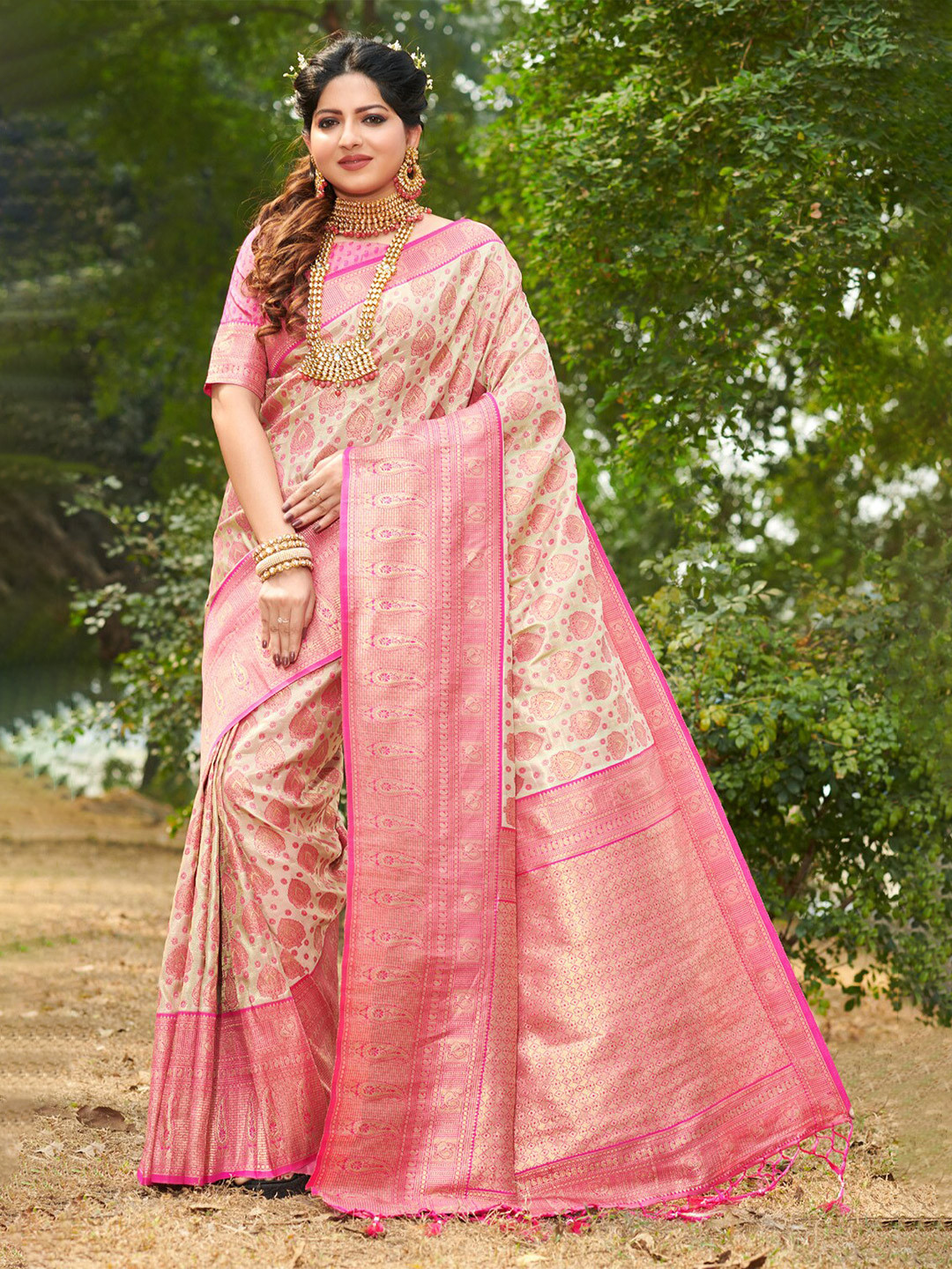 

SANGAM PRINTS Ethnic Motifs Woven Design Zari Pure Silk Kanjeevaram Saree, Off white
