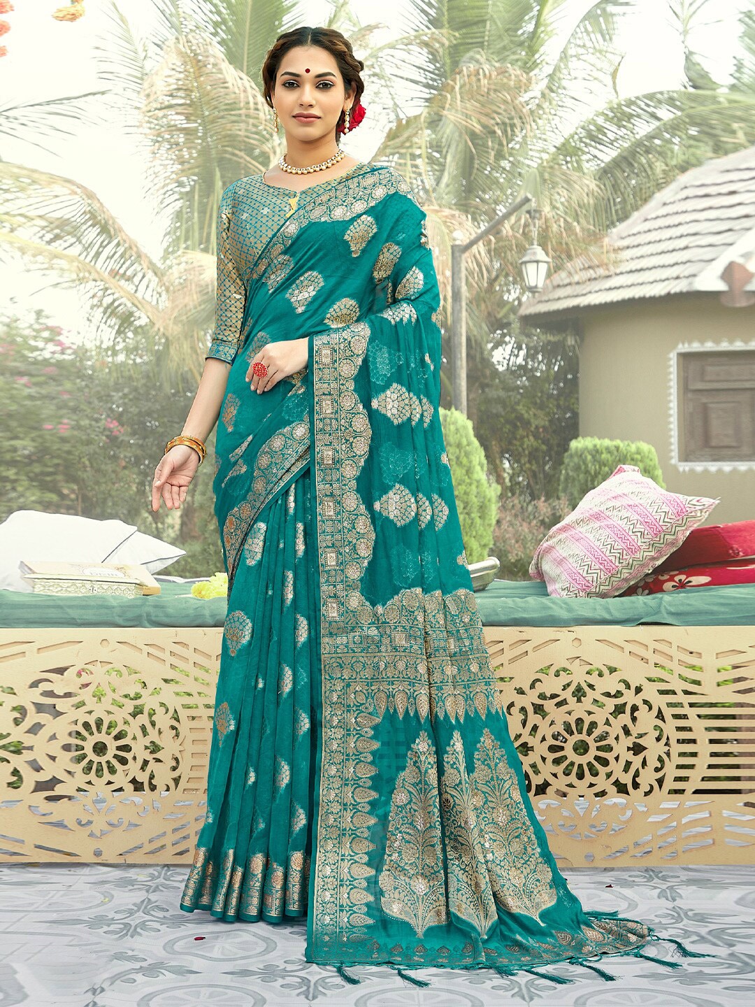 

SANGAM PRINTS Beads and Stones Woven Design Zari Organza Saree, Blue