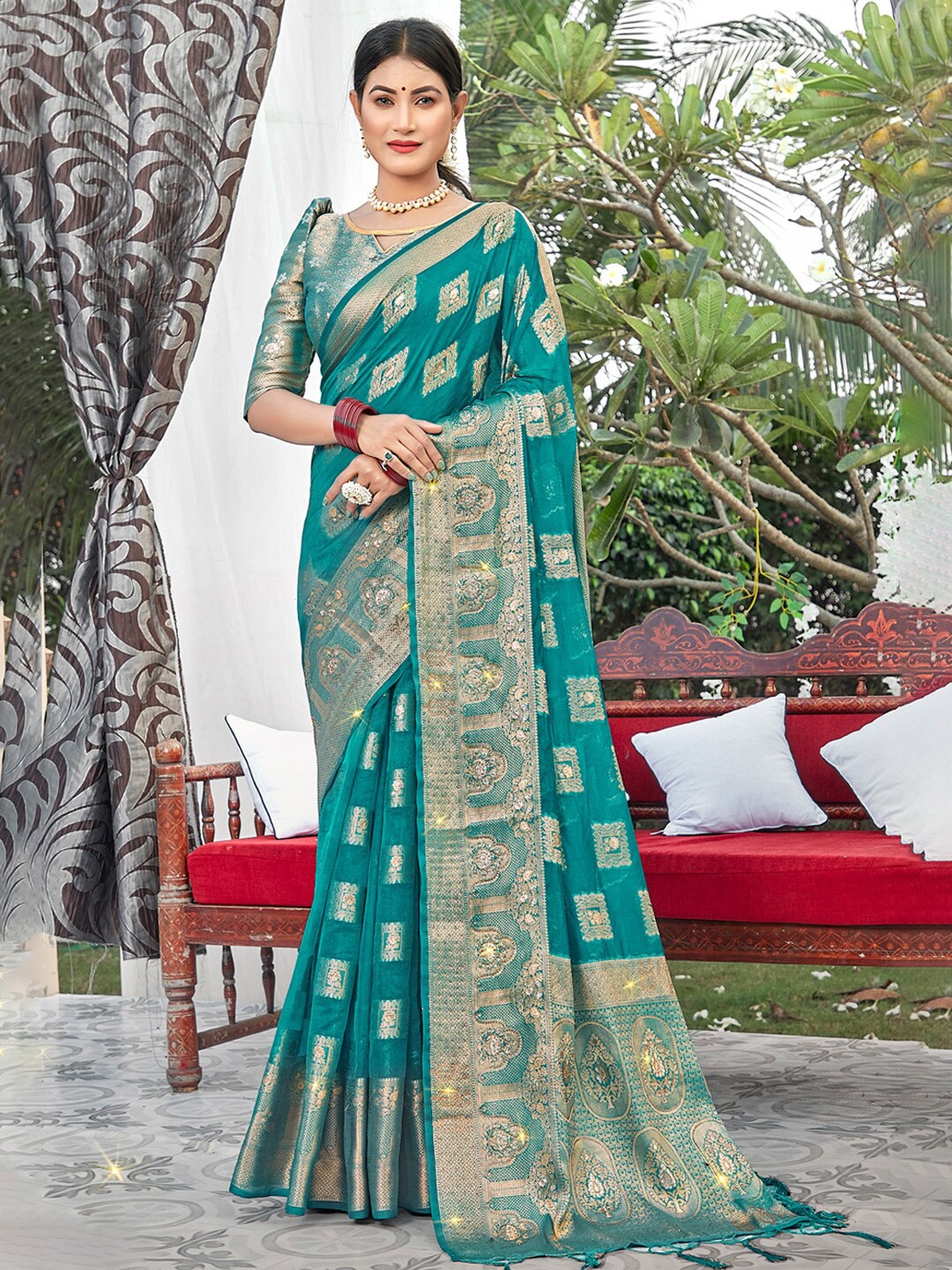 

SANGAM PRINTS Woven Design Zari Organza Saree, Turquoise blue