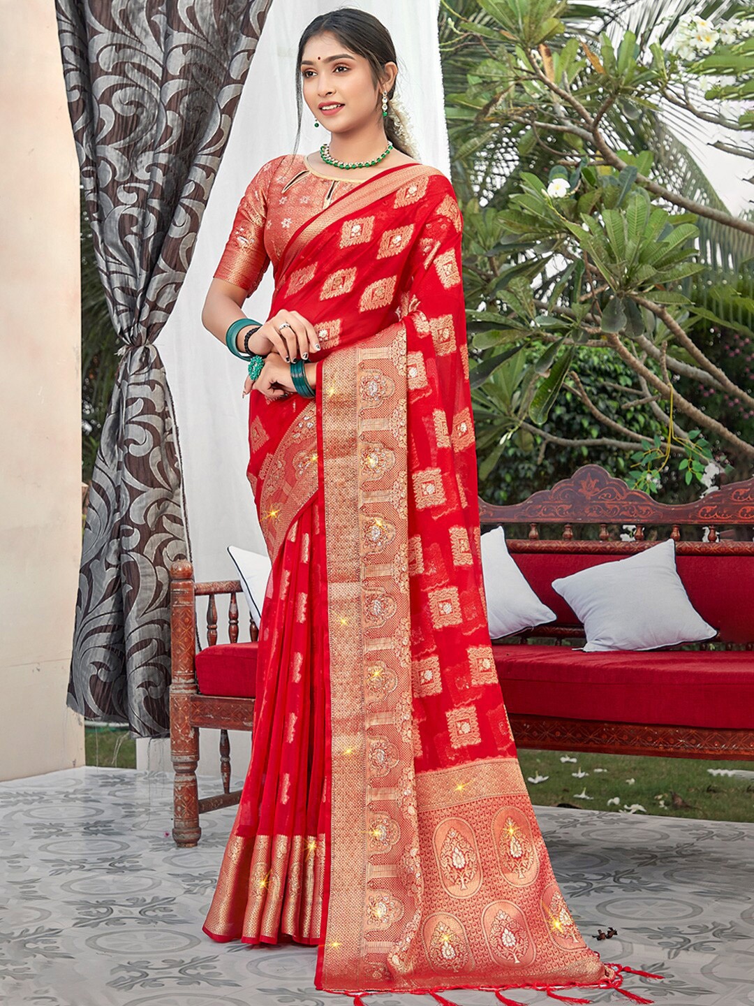 

SANGAM PRINTS Beads and Stones Woven Design Zari Organza Saree, Red