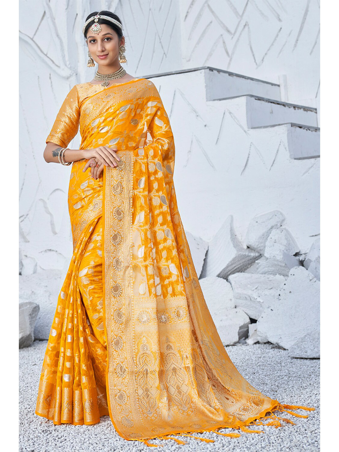 

SANGAM PRINTS Floral Woven Design Zari Organza Saree, Yellow