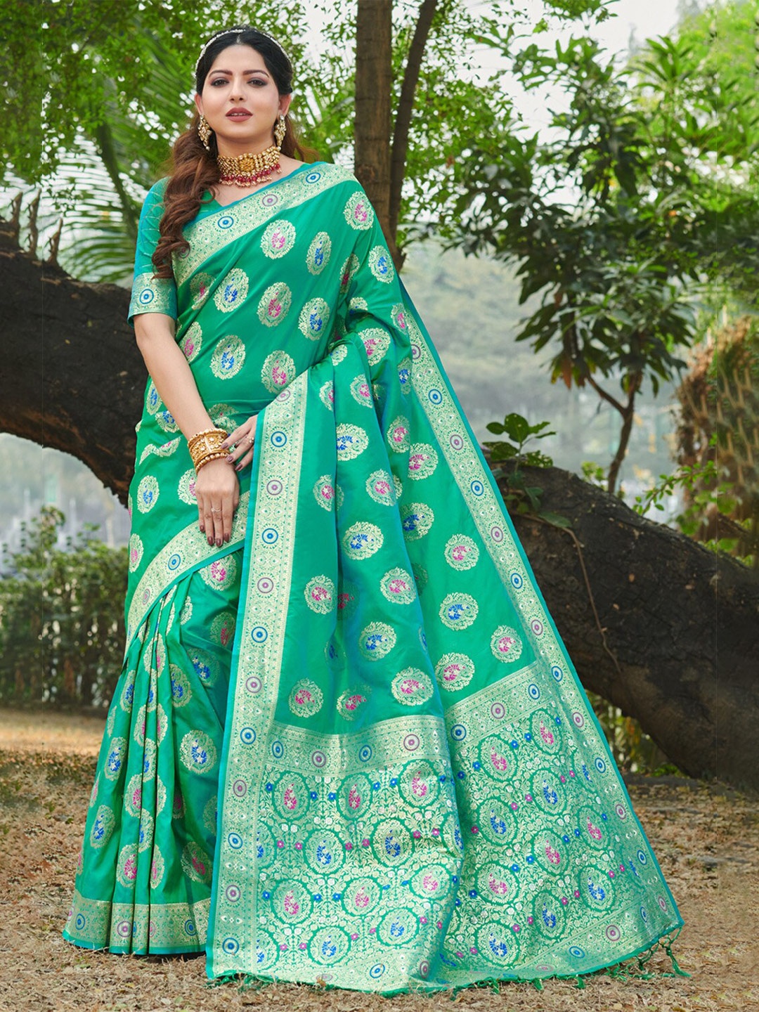 

SANGAM PRINTS Woven Design Zari Organza Saree, Sea green