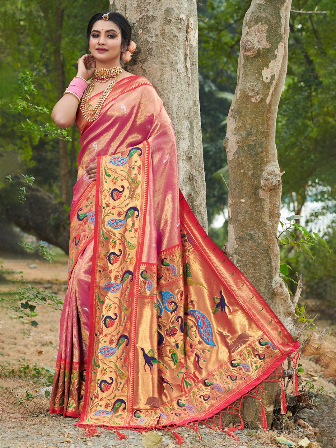 

SANGAM PRINTS Ethnic Motif Woven Design Zari Pure Silk Paithani Saree, Pink