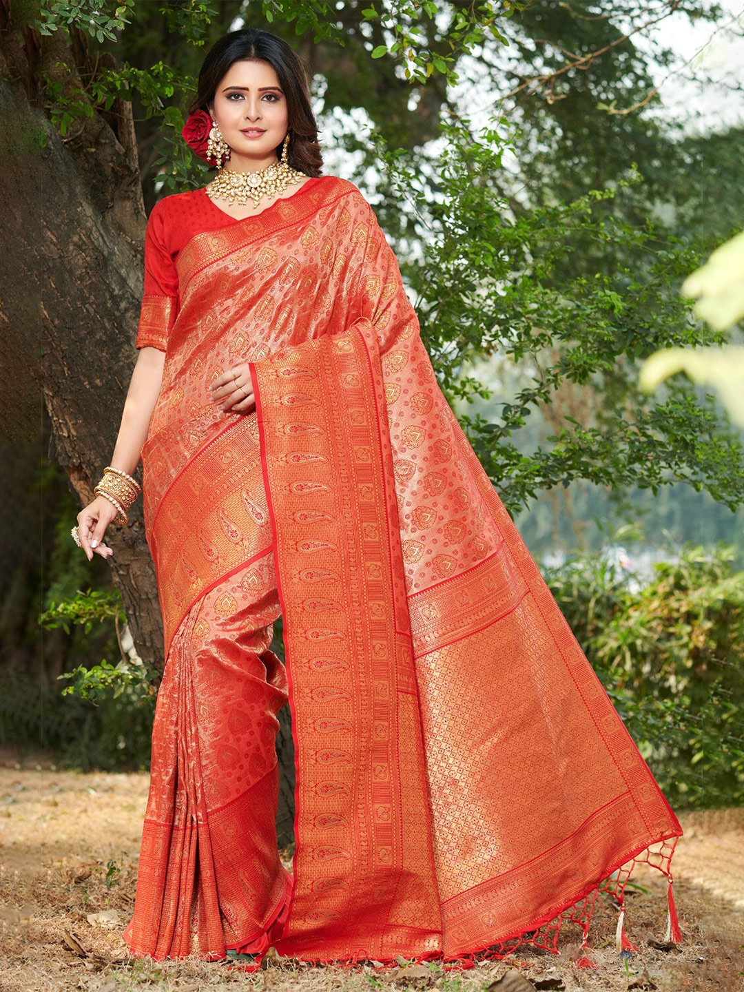 

SANGAM PRINTS Ethnic Motifs Woven Design Zari Pure Silk Kanjeevaram Saree, Red