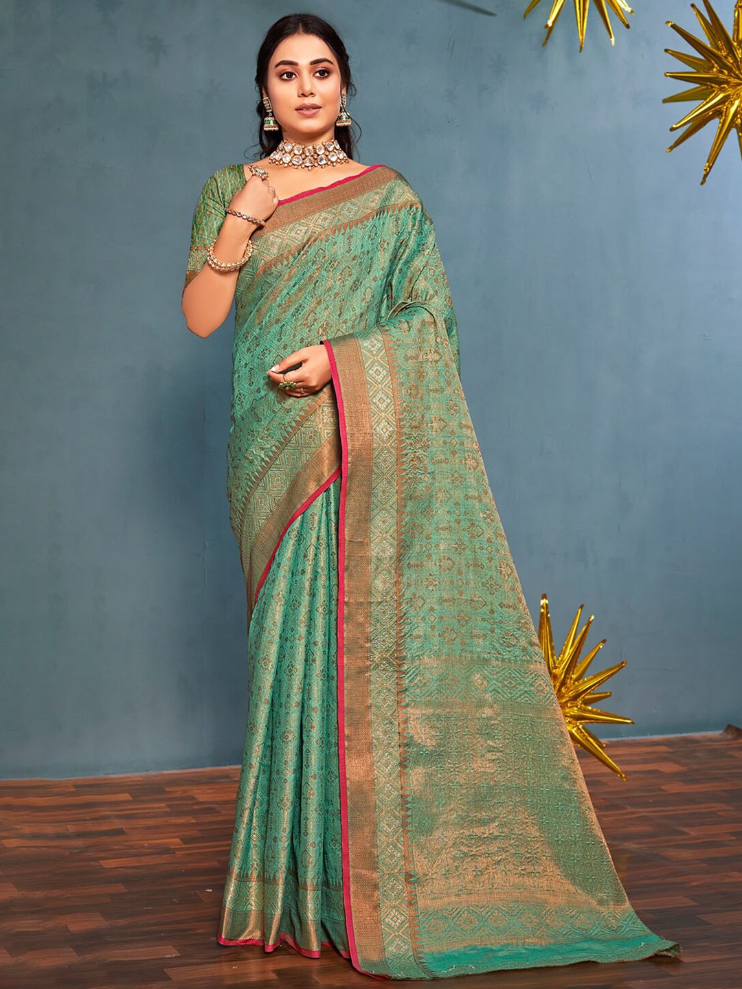 

SANGAM PRINTS Ethnic Motifs Woven Design Zari Pure Silk Banarasi Saree, Sea green
