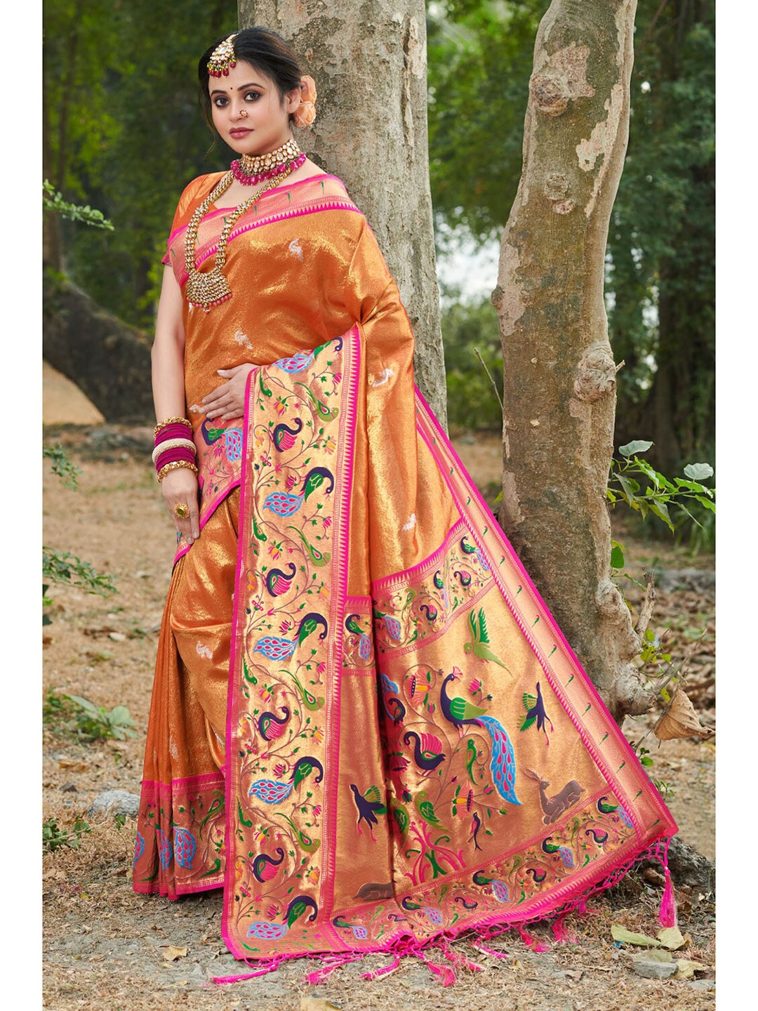 

SANGAM PRINTS Ethnic Motifs Woven Design Zari Pure Silk Paithani Saree, Orange