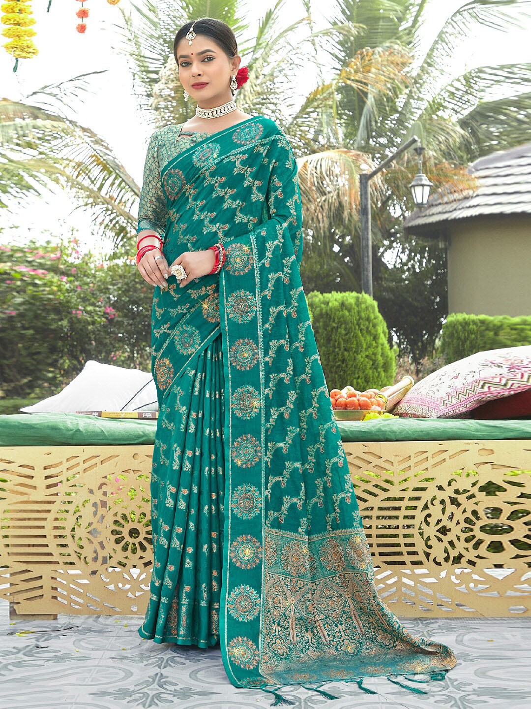 

SANGAM PRINTS Ethnic Motifs Printed Zari Organza Saree, Teal