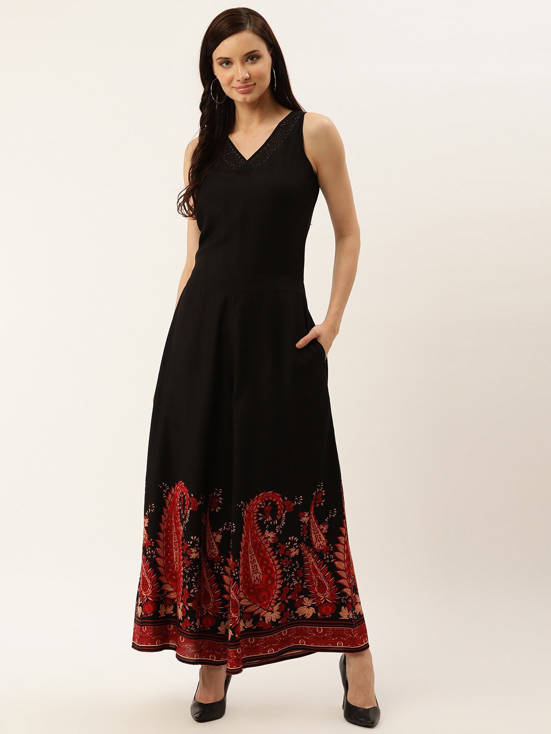 

Taurus Ethnic motif Printed Basic Jumpsuit, Black