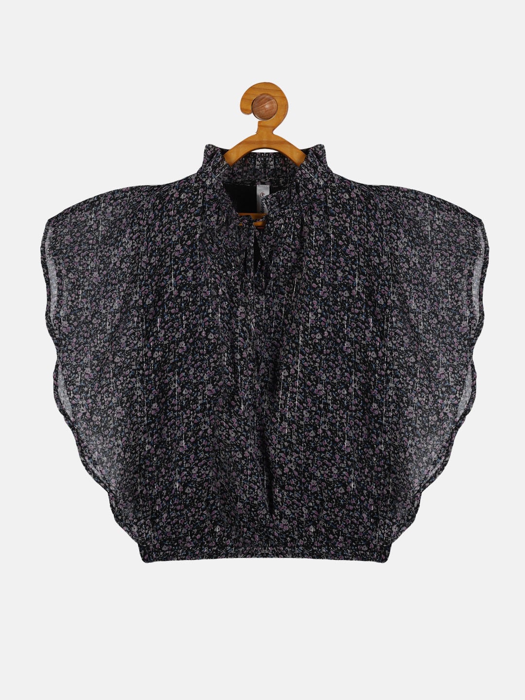 

KiddoPanti Girls Floral Print Tie-Up Neck Blouson Top, Black