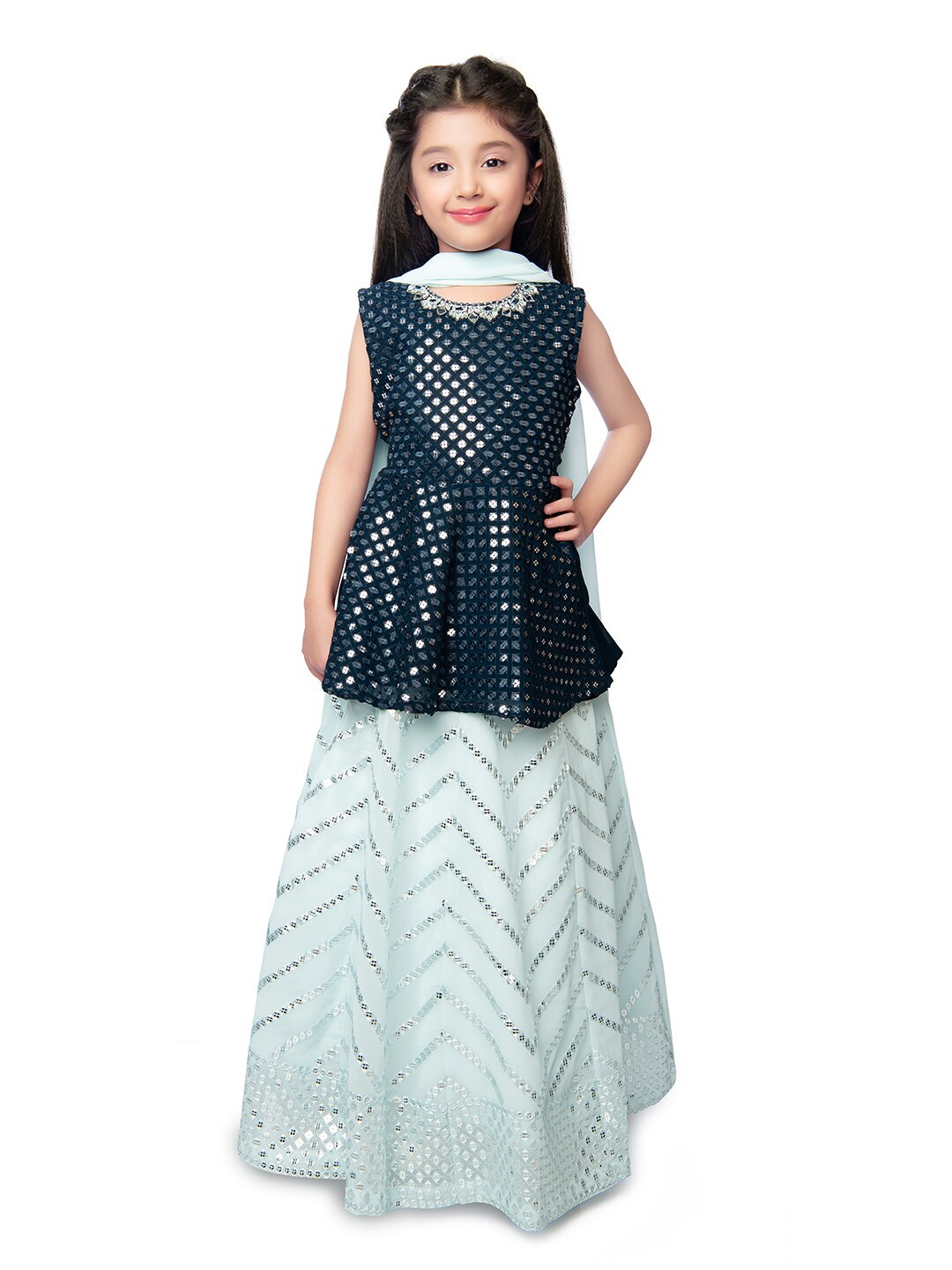 

BETTY Girls Embellished Mirror Work Ready to Wear Lehenga & Peplum Blouse With Dupatta, Blue