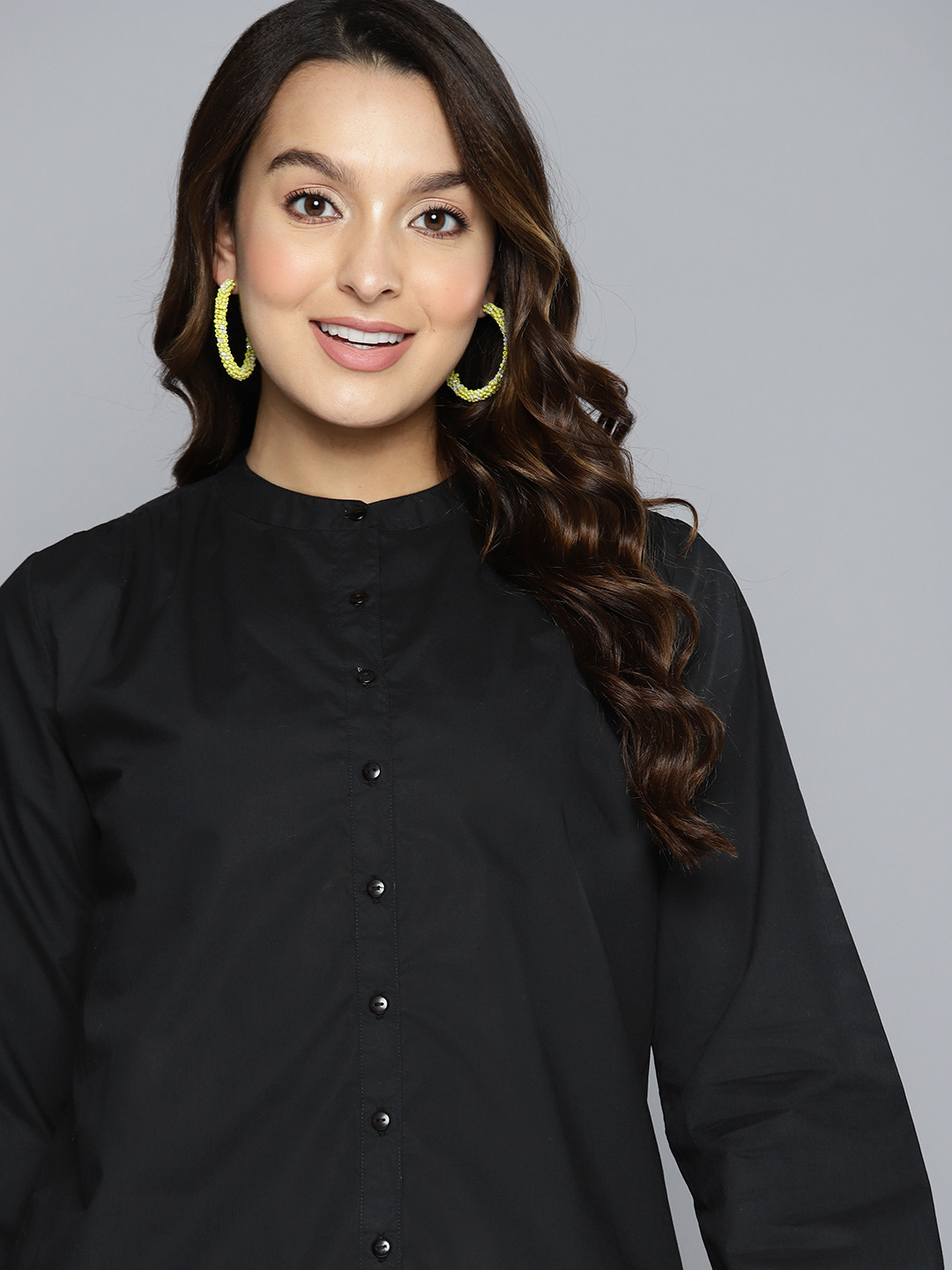 

HERE&NOW Puff Sleeves Mandarin Collar Casual Shirt, Black