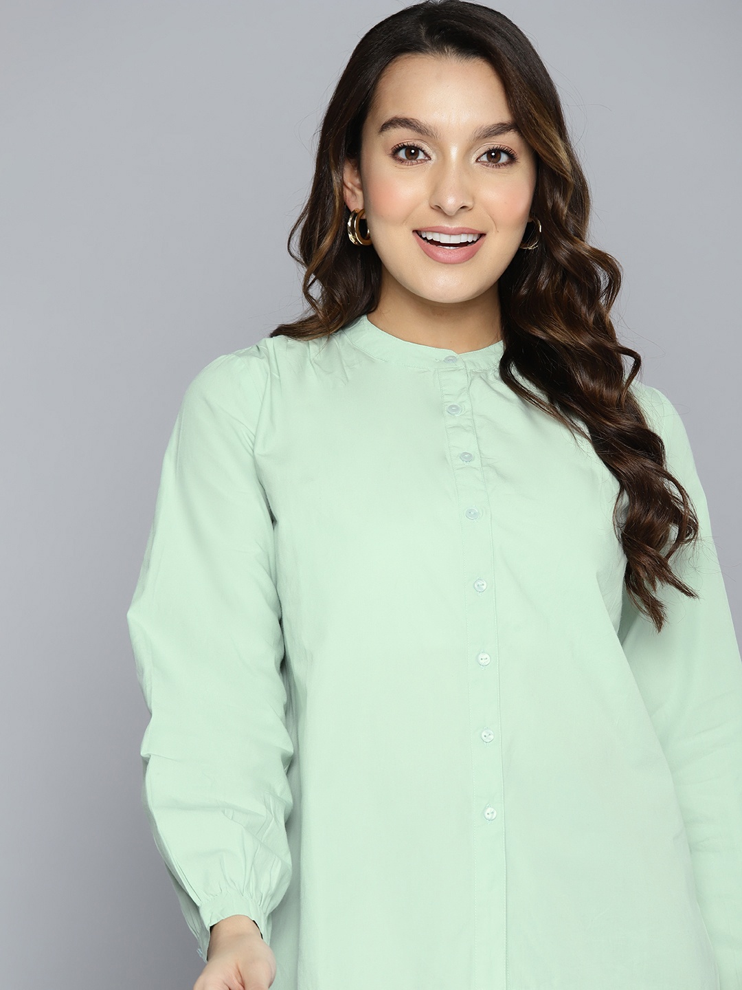 

HERE&NOW Puff Sleeves Mandarin Collar Casual Shirt, Green