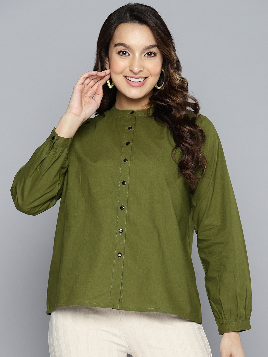 

HERE&NOW Puff Sleeves Mandarin Collar Casual Shirt, Olive