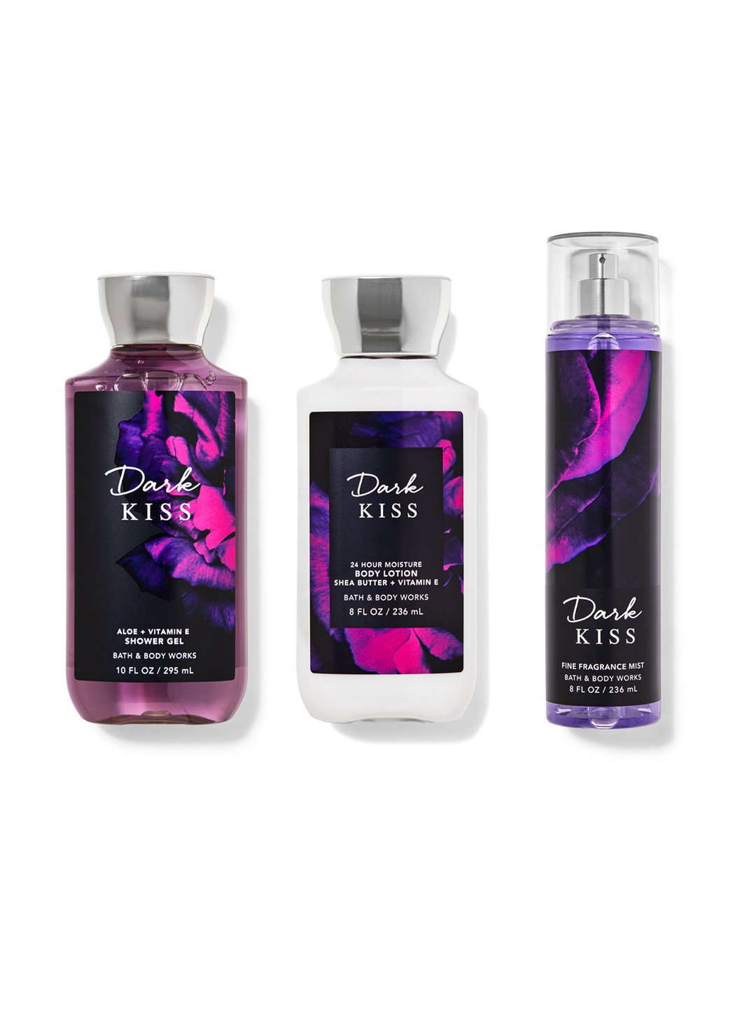

Bath & Body Works Set of Dark Kiss Body Mist 236ml + Shower Gel 295ml + Body Lotion 236ml, Black