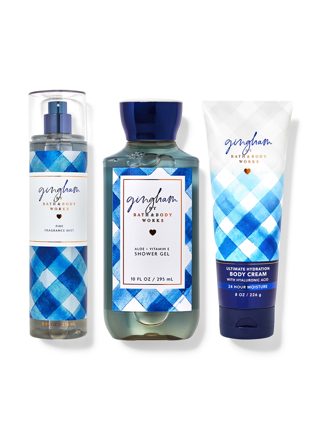 

Bath & Body Works Gingham Fragrance Mist 236ml + Shower Gel 295ml + Body Cream 226g, Blue