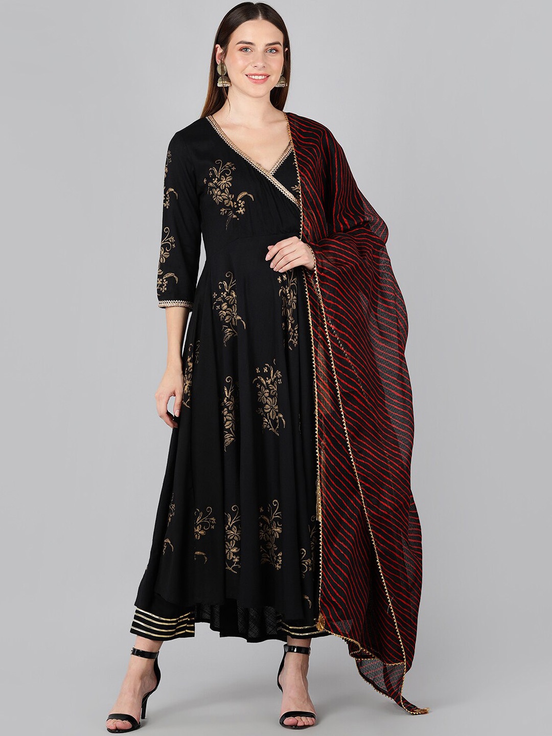 

Indi INSIDE Floral Block Printed Angrakha Gotta Patti Kurta with Trousers & Dupatta, Black