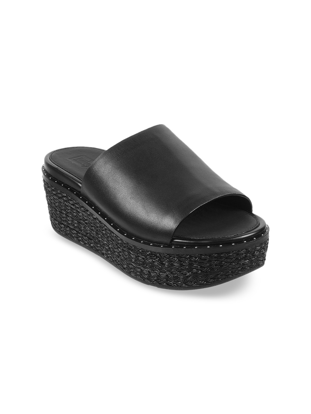 

fitflop Peep Toe Leather Flatform Mules, Black
