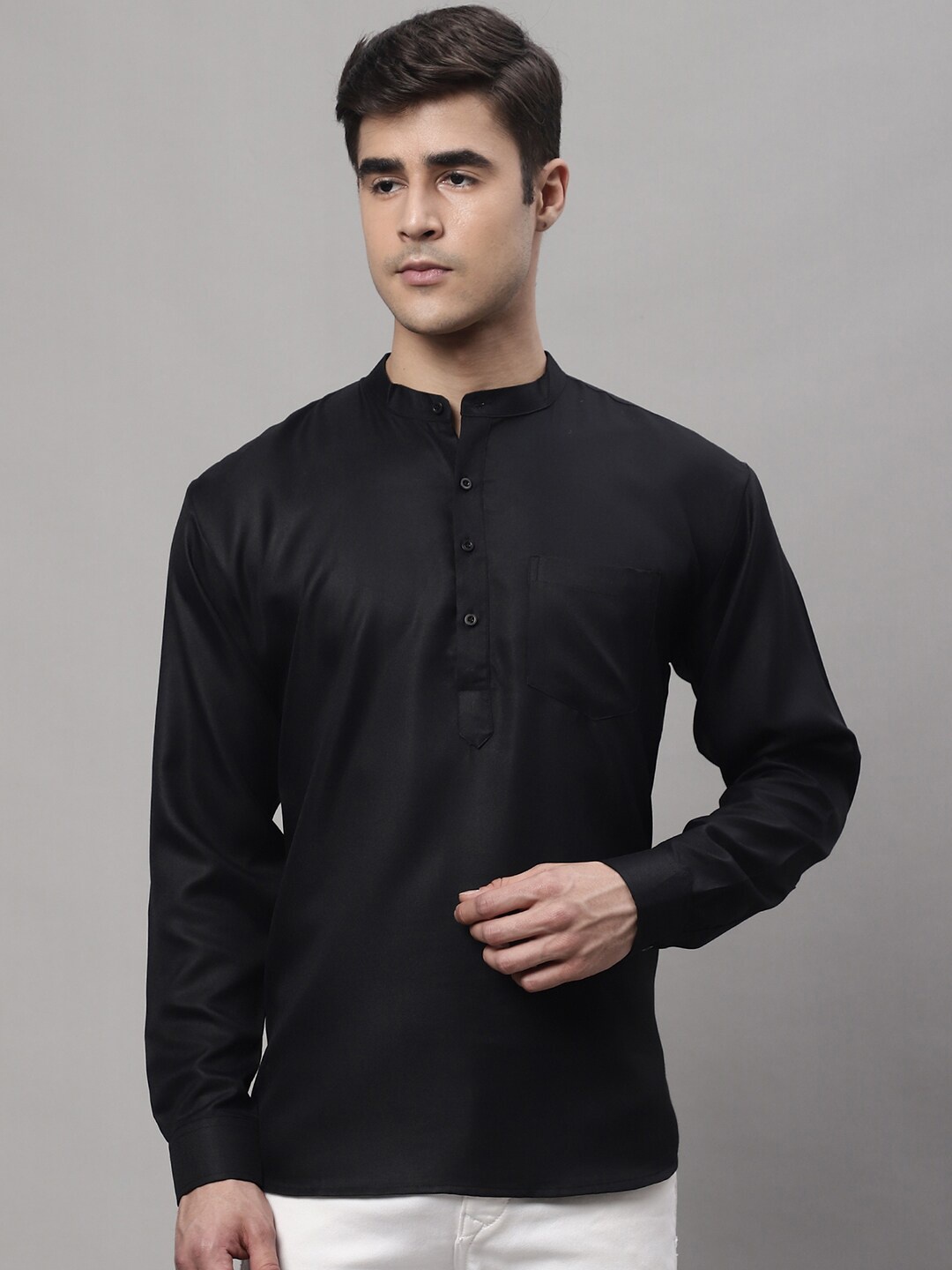 

Jompers Mandarin Collar Cuffed Sleeves Curved Kurta, Black