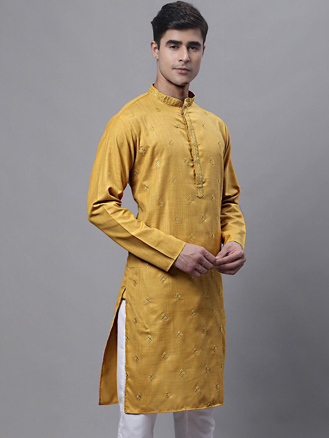 

Jompers Mandarin Collar Ethnic Motifs Embroidered Sequined Straight Cotton Kurta, Mustard