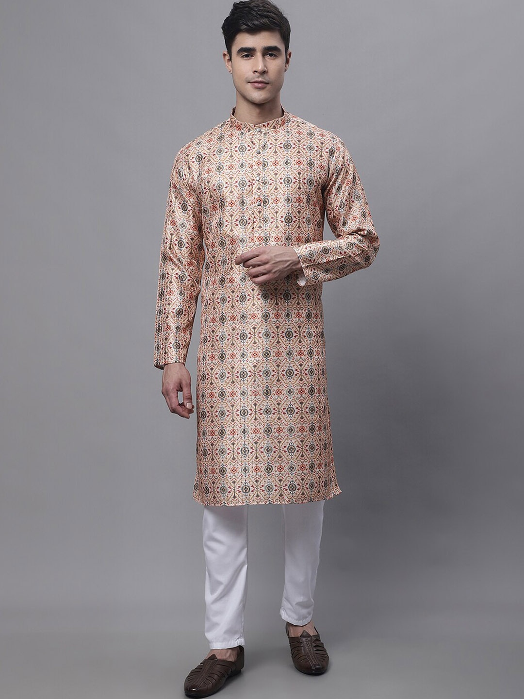 

Jompers Mandarin Collar Ethnic Motifs Printed Straight Kurta, Peach