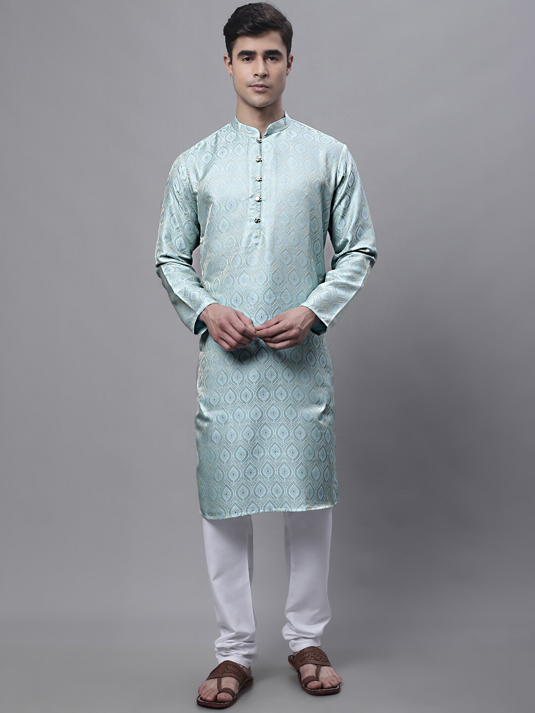 

Jompers Ethnic Motif Woven Design Mandarin Collar Jacquard Kurta, Turquoise blue