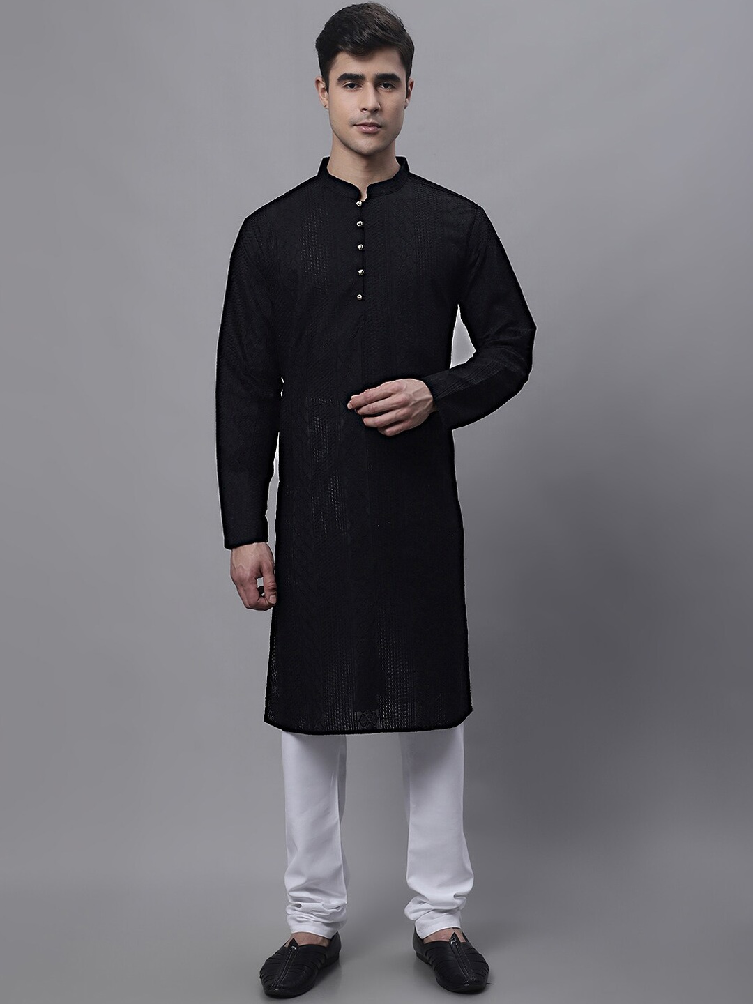 

Jompers Embroidered Mandarin Collar Chikankari Pure Cotton Kurta, Black