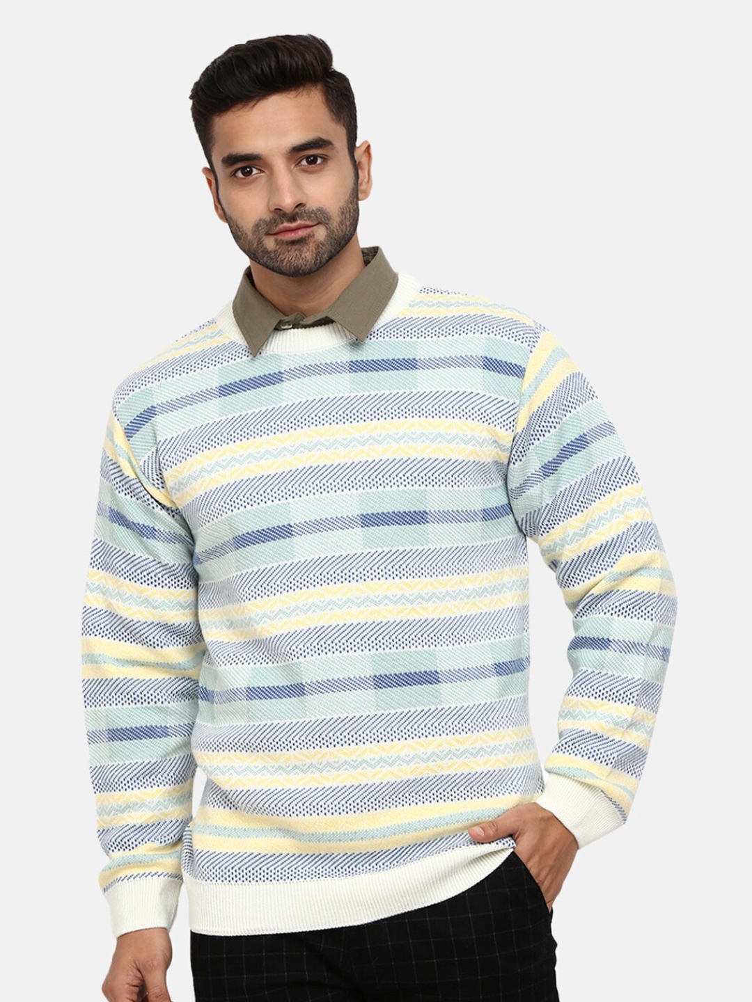 

V-Mart Horizontal Striped Cotton Pullover, Grey