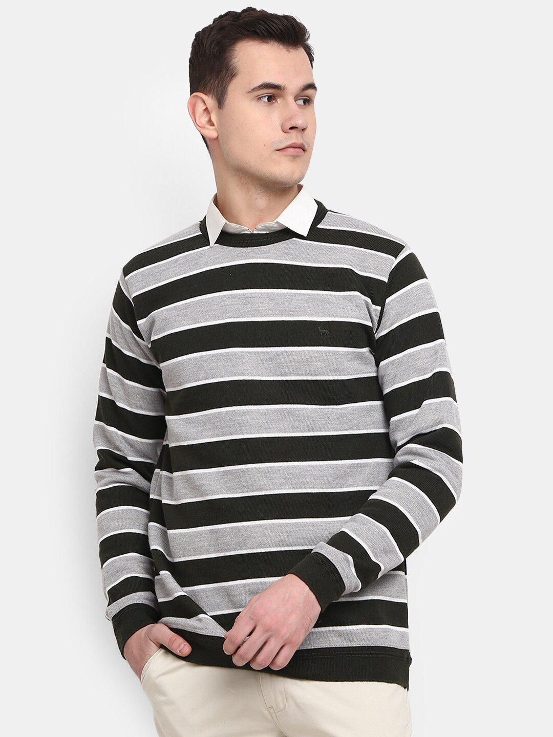 

V-Mart Horizontal Striped Round Neck Pullover, Green