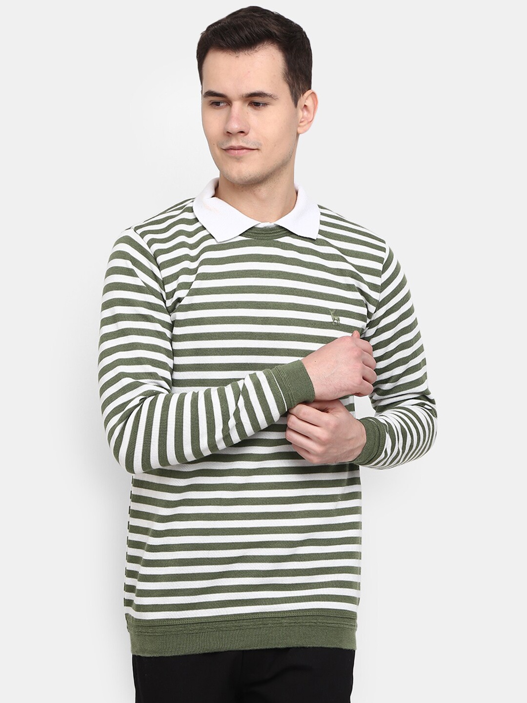 

V-Mart Horizontal Striped Round Neck Pullover, Green