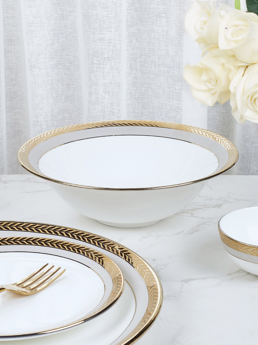 

HomeTown Amour Real White & Gold Plated Bone China Glossy Serving Bowl