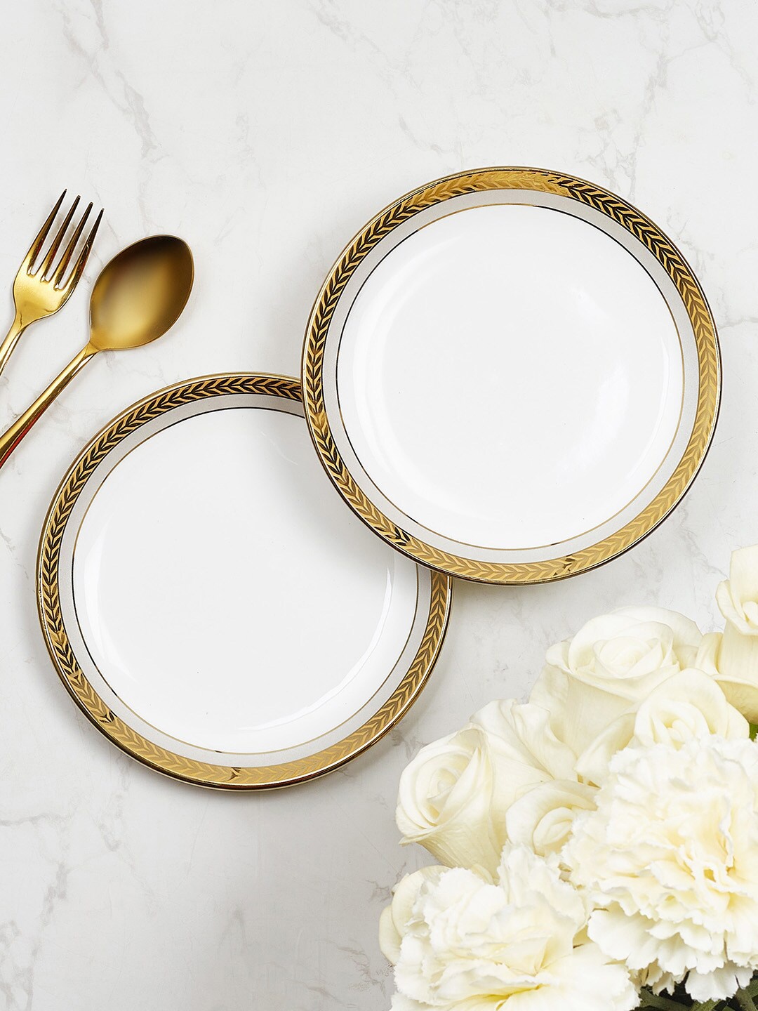 

HomeTown Amour Real Gold-Toned & White 2 Pieces Bone China Quarter Plates 18 cm Each