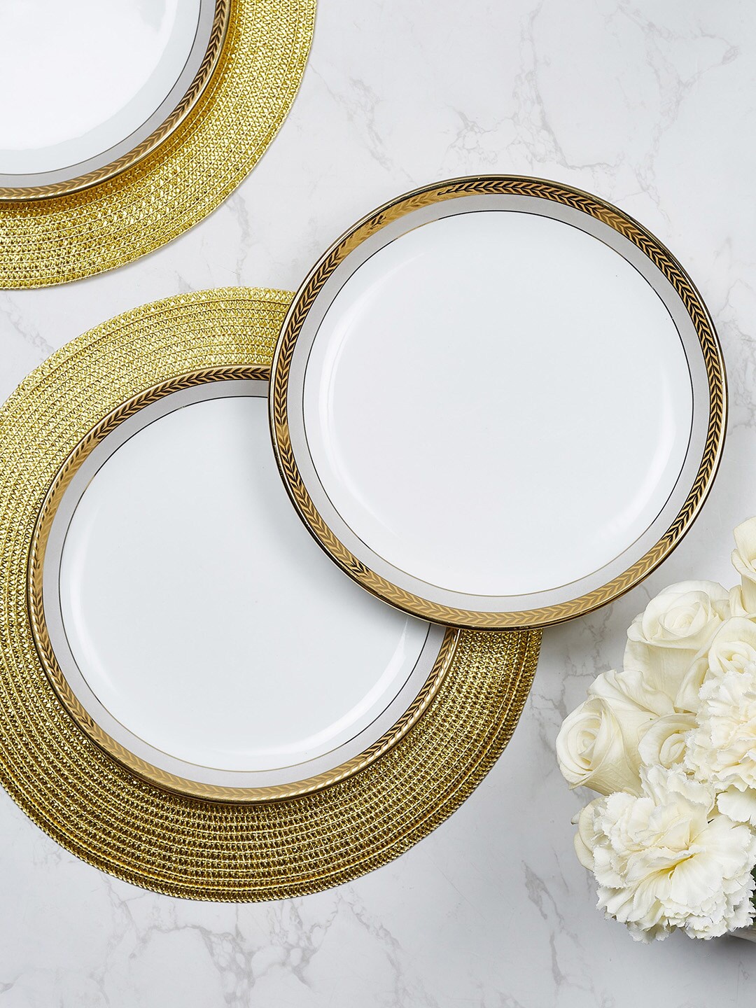 

HomeTown Amour Real White & Gold-Toned 2 Pieces Bone China Glossy Plates 28 cm each