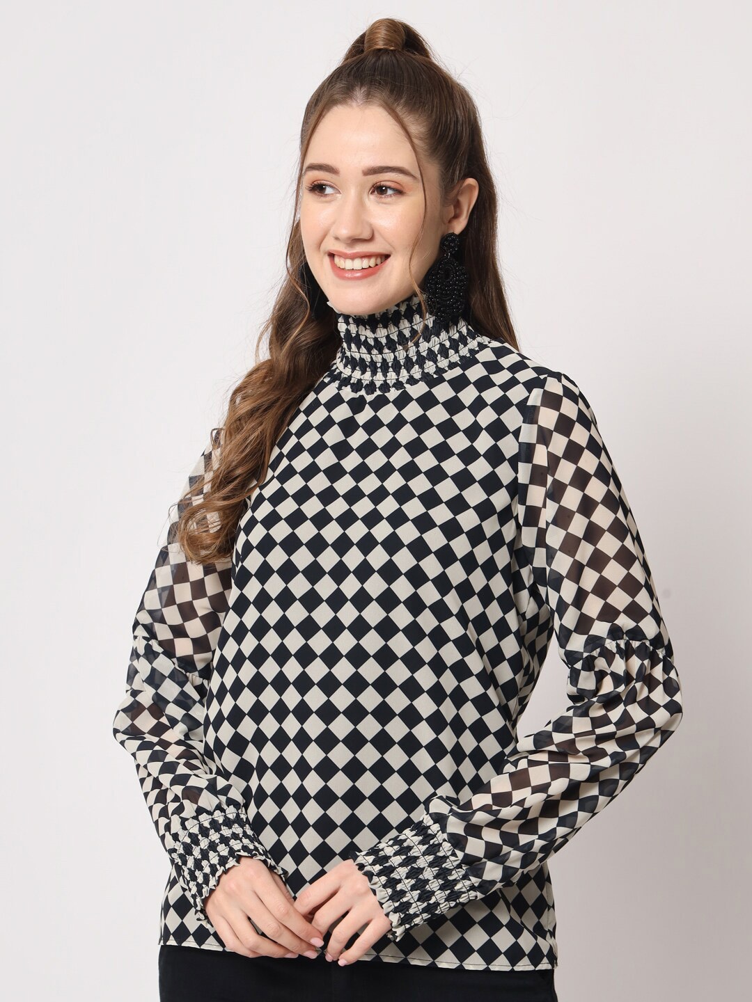 

CHARMGAL Checked High Neck Georgette Top, Black