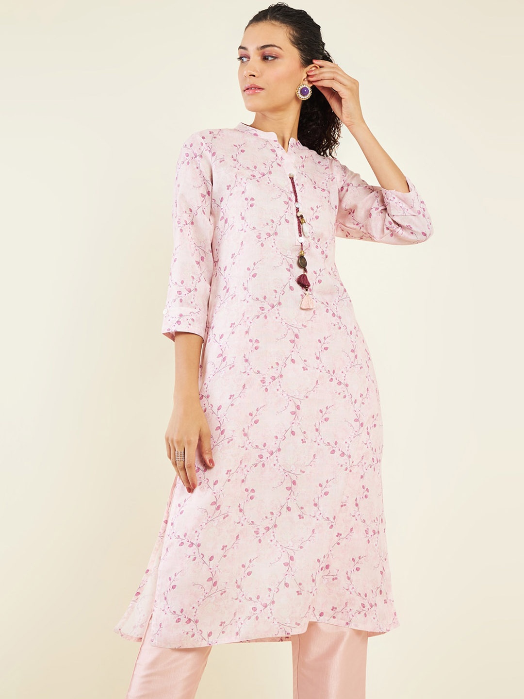 

Soch Floral Printed Band Collar Linen Straight Kurta, Peach